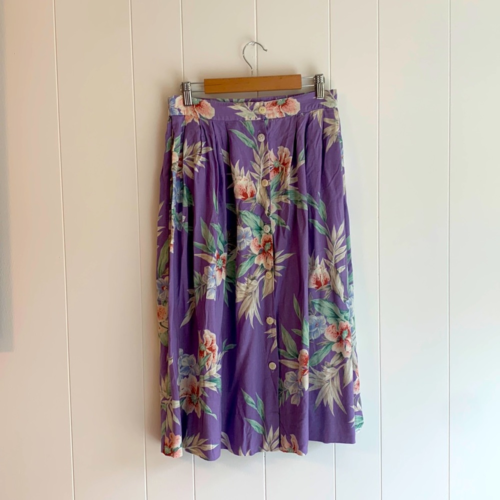 Vintage Tropical Floral Leslie Fay Midi Button Down Skirt